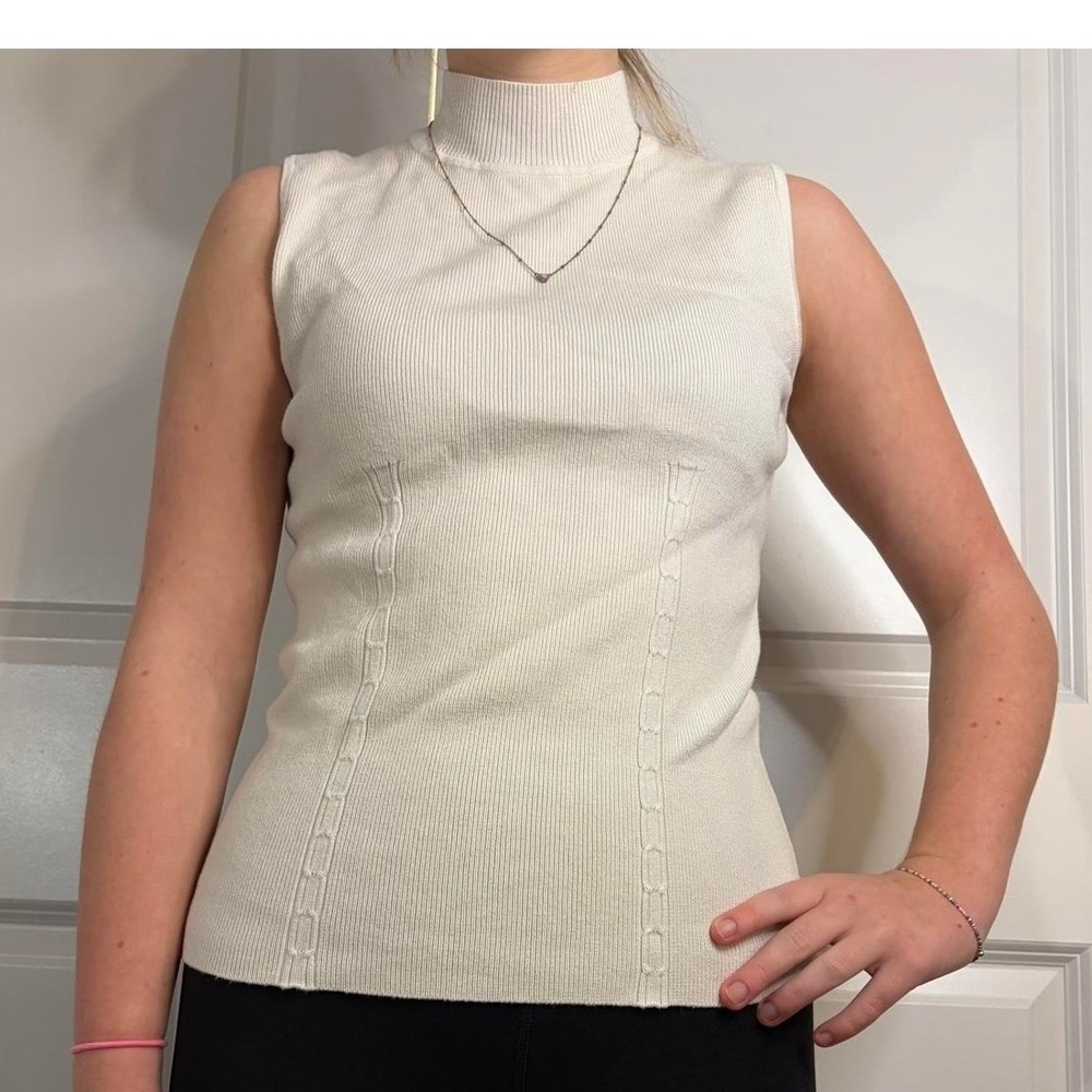 Focus 2000 White Sleeveless Mockneck Knit Sweater Y2K Minimalist Medium